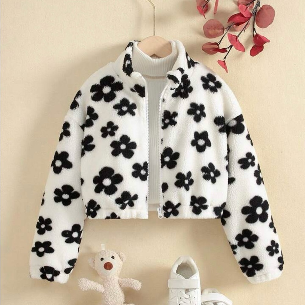 Shein Floral Black And White Fleece Jacket